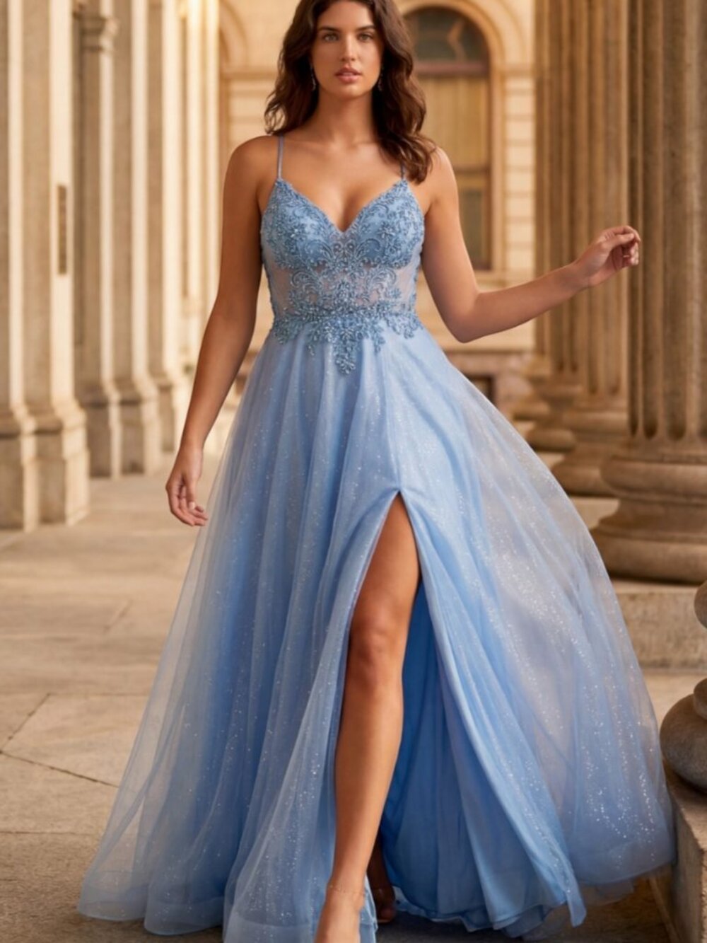 NEW DUSTY BLUE Tulle & Lace V-Neck Prom Gown Floor Length With Slit 8275J